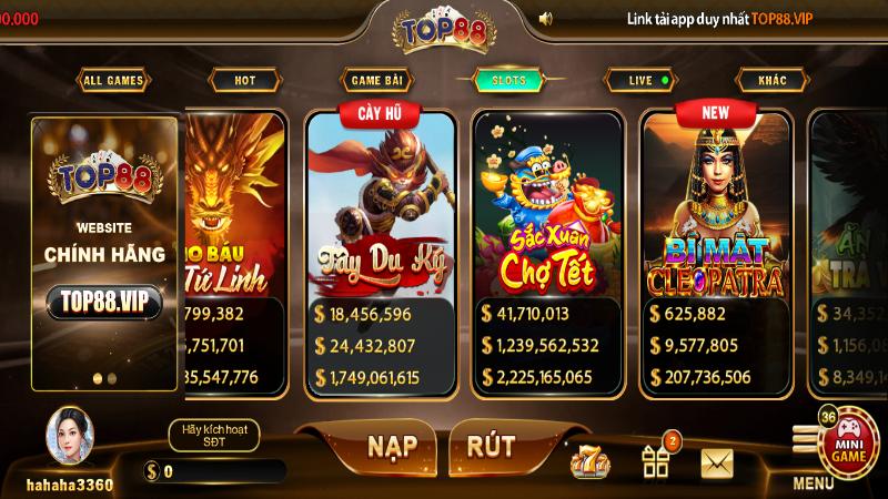 Sảnh game slot chất lượng tại Top88 được nhiều người yêu thích