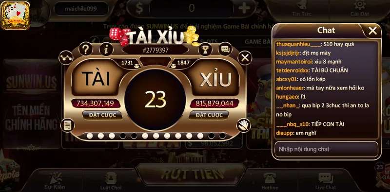 Giao diện ván chơi tài xỉu tại Sunwin