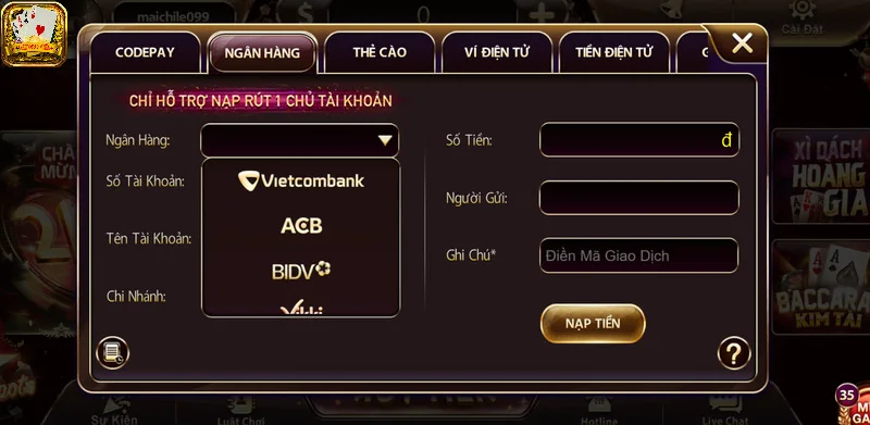 Người chơi có thể nạp rút tiền thông qua nhiều hình thức