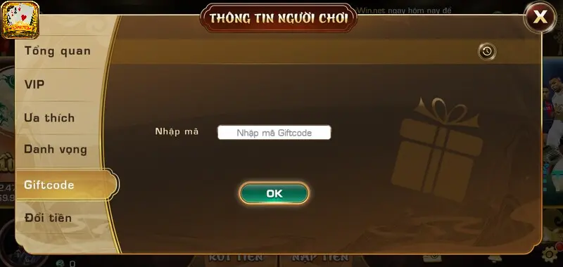 Nhập mã đổi thưởng ở mục Giftcode sau khi đăng nhập